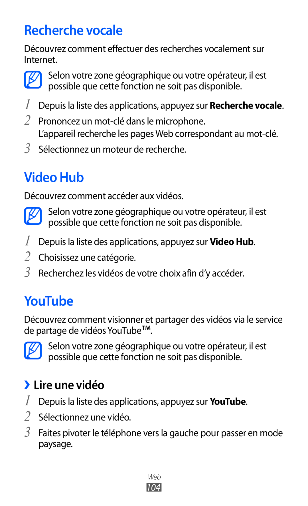 Samsung GT-I9100SWNSFR, GT-I9100LKAXEF Recherche vocale, Video Hub, YouTube, Découvrez comment accéder aux vidéos, 104 