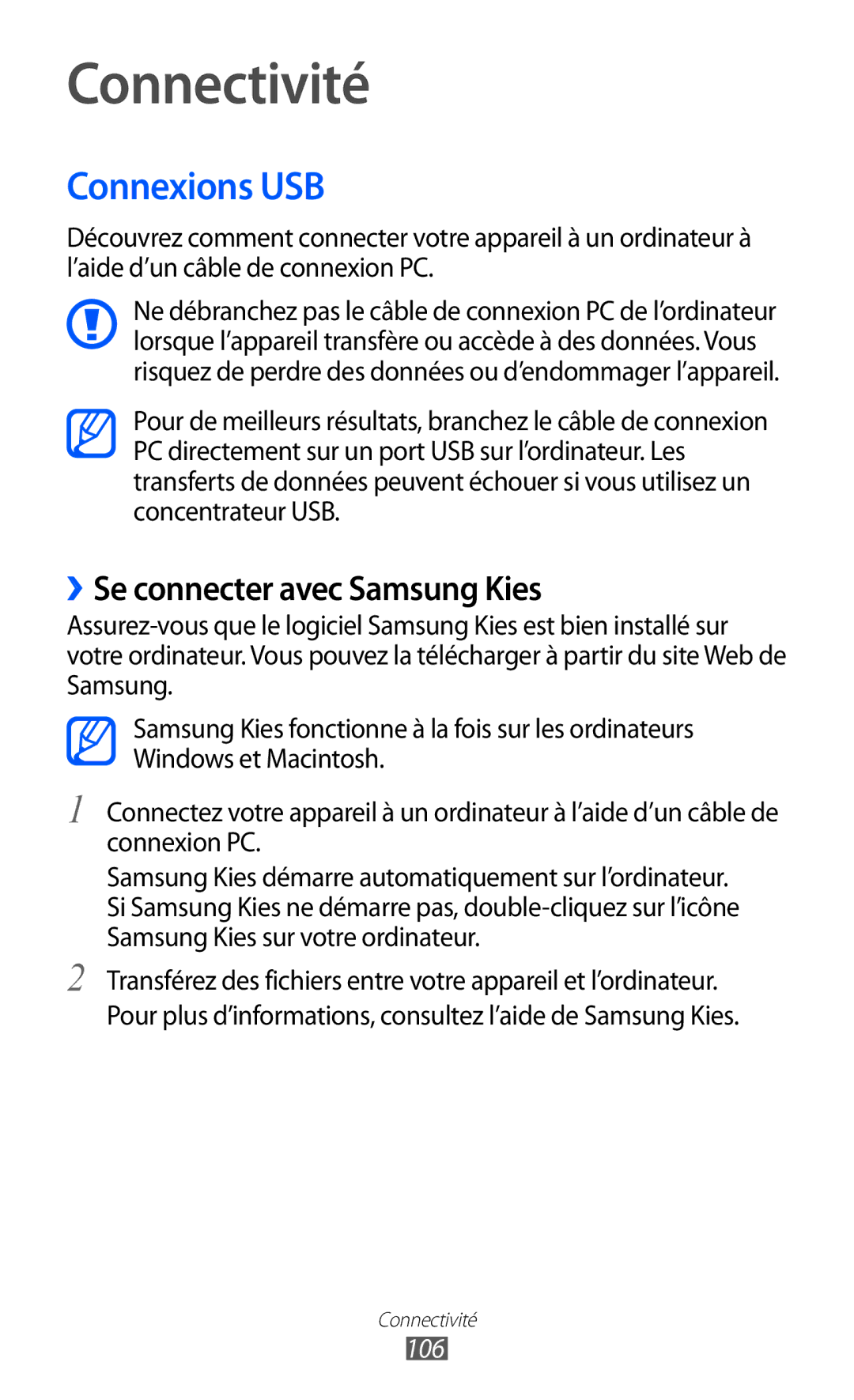 Samsung GT-I9100LKASFR, GT-I9100LKAXEF, GT-I9100LKAFRE, GT-I9100LKABOG Connexions USB, ››Se connecter avec Samsung Kies, 106 