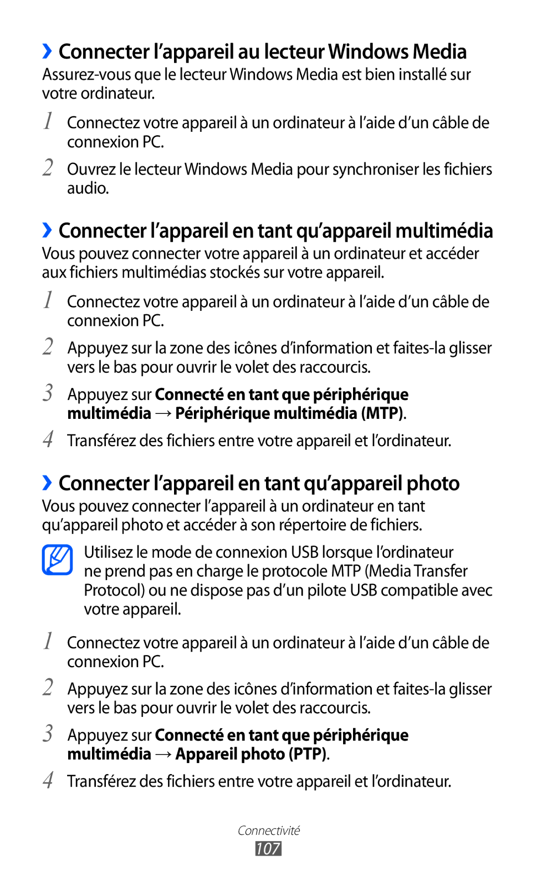 Samsung GT-I9100SWNNRJ, GT-I9100LKAXEF, GT-I9100LKAFRE manual ››Connecter l’appareil en tant qu’appareil multimédia, 107 