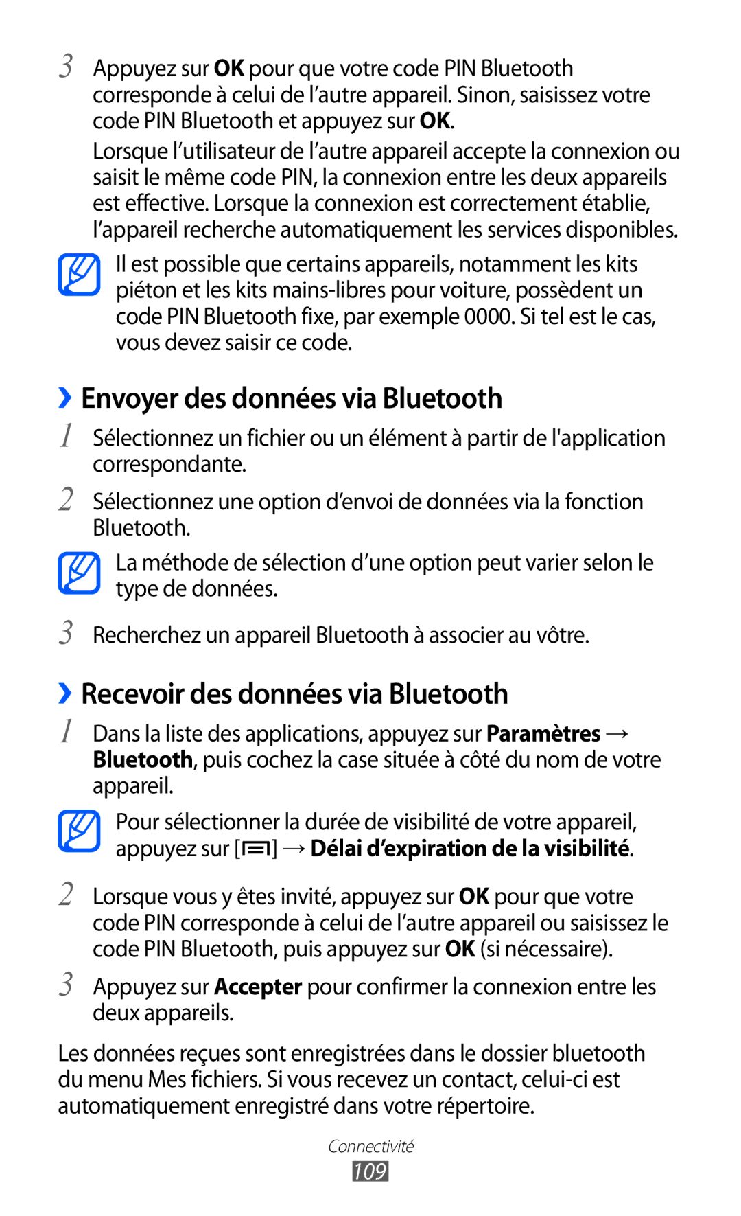 Samsung GT-I9100SWNFTM, GT-I9100LKAXEF manual ››Envoyer des données via Bluetooth, ››Recevoir des données via Bluetooth, 109 