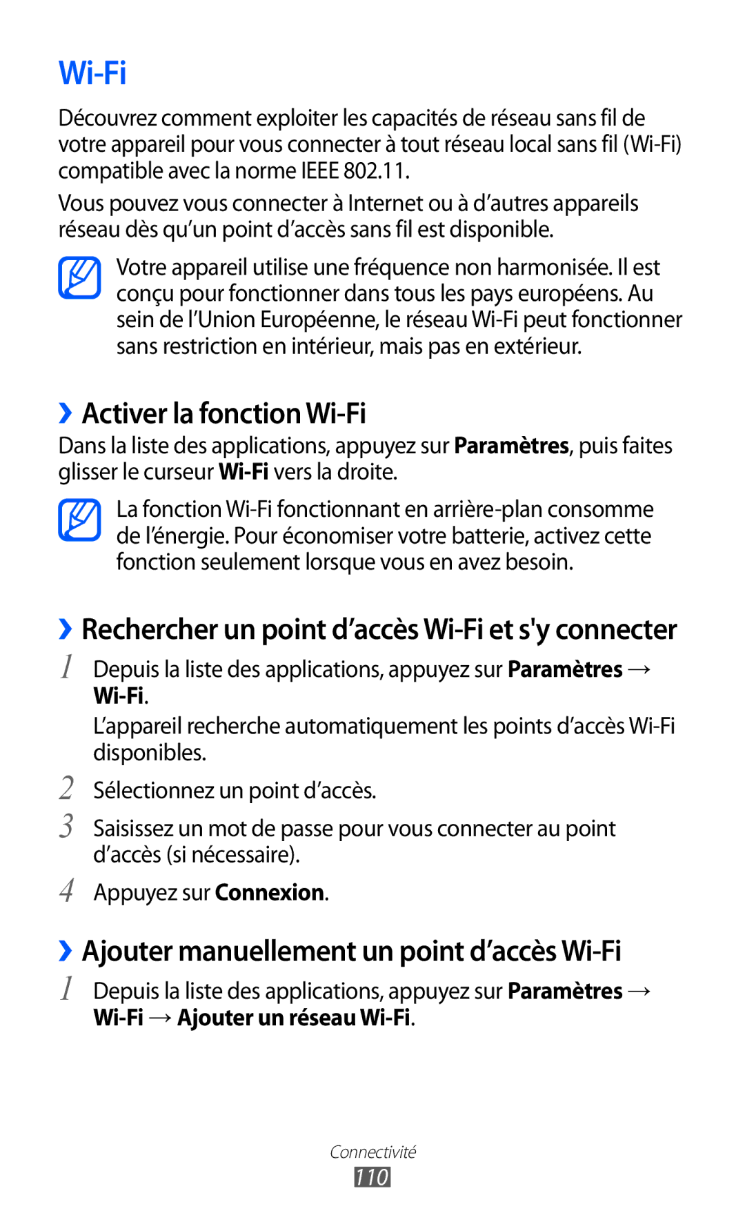 Samsung GT-I9100RWNSFR, GT-I9100LKAXEF manual ››Activer la fonction Wi-Fi, ››Ajouter manuellement un point d’accès Wi-Fi 