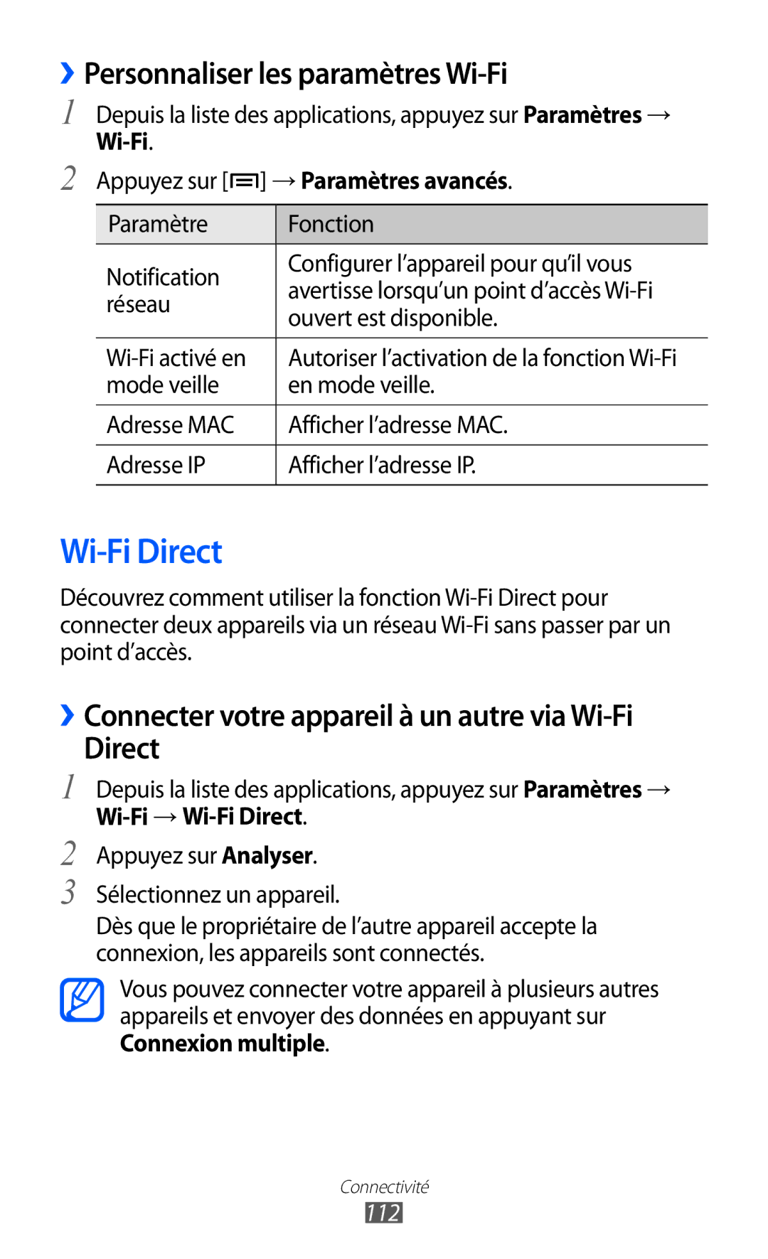 Samsung GT-I9100RNWNRJ Wi-Fi Direct, ››Personnaliser les paramètres Wi-Fi, Wi-Fi Appuyez sur → Paramètres avancés, 112 