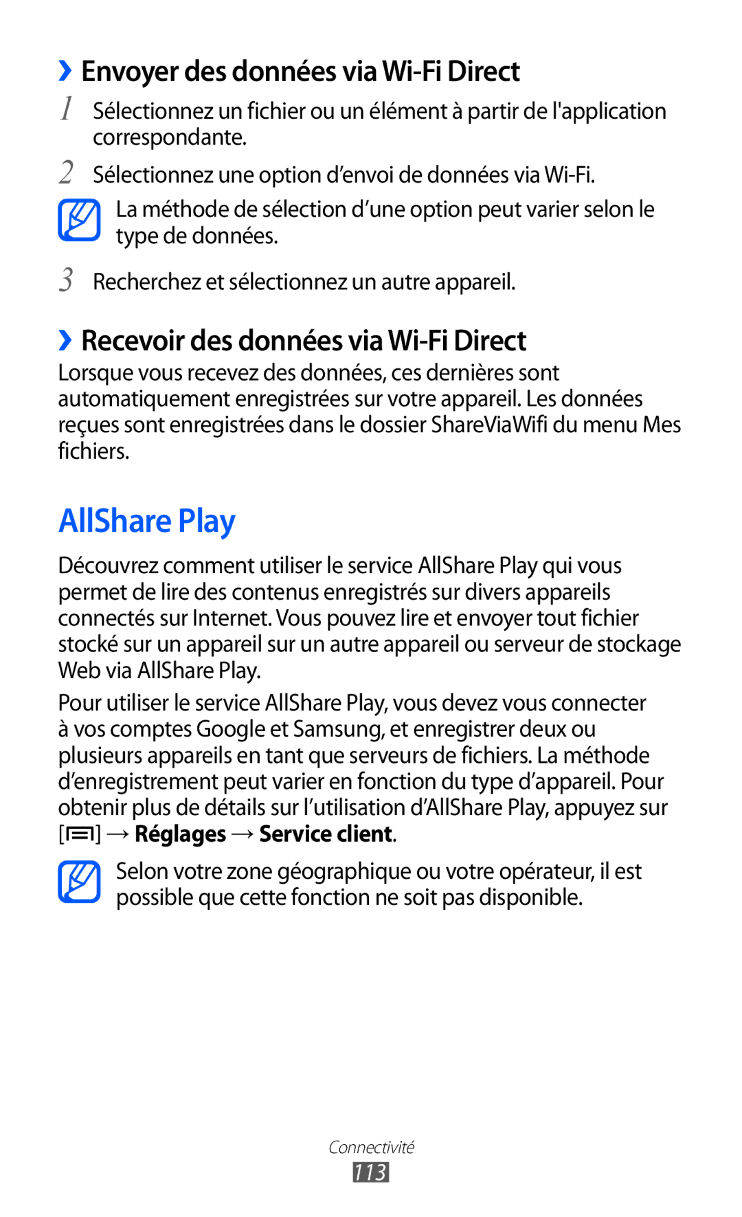 Samsung GT-I9100OIAXEF AllShare Play, ››Envoyer des données via Wi-Fi Direct, ››Recevoir des données via Wi-Fi Direct, 113 