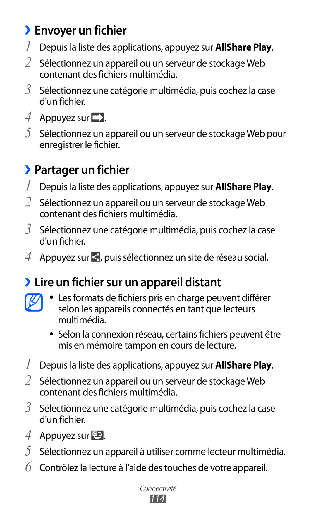 Samsung GT-I9100LKAFTM manual ››Envoyer un fichier, ››Partager un fichier, ››Lire un fichier sur un appareil distant, 114 