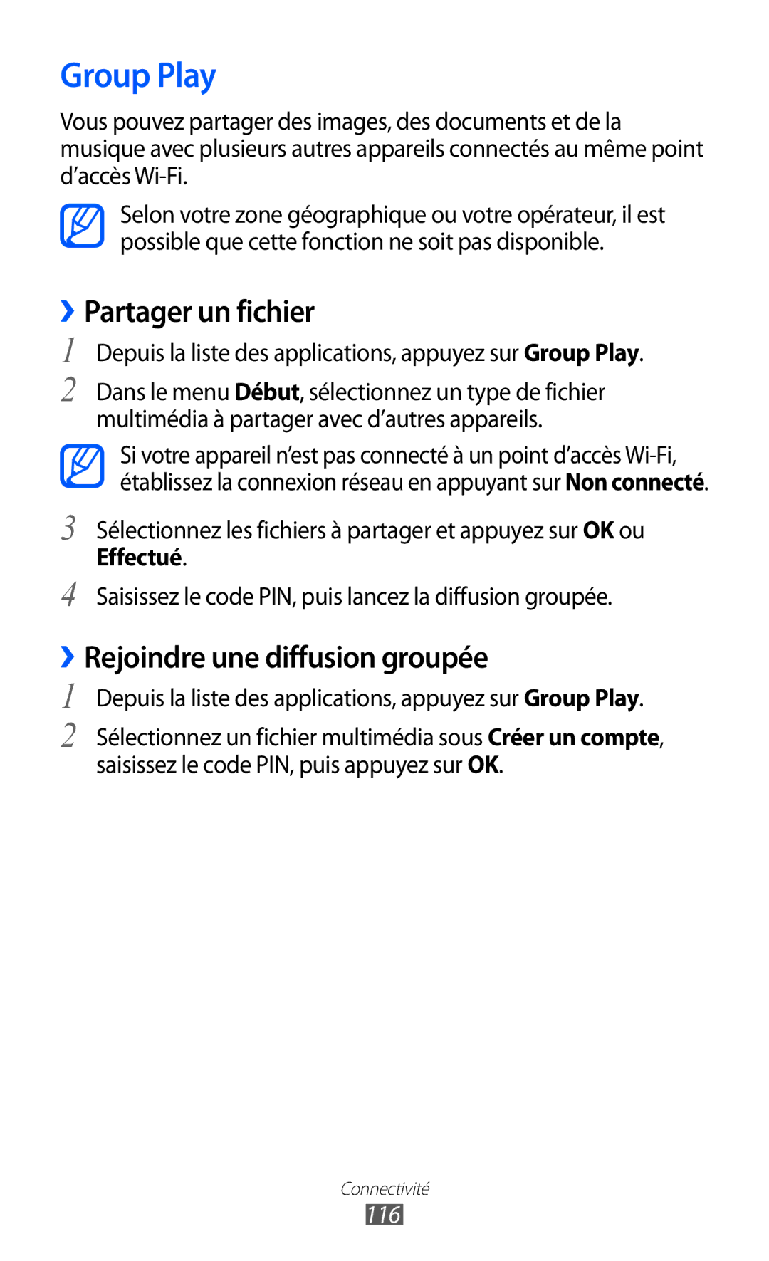 Samsung GT-I9100RWAFTM, GT-I9100LKAXEF, GT-I9100LKAFRE, GT-I9100LKABOG Group Play, ››Rejoindre une diffusion groupée, 116 