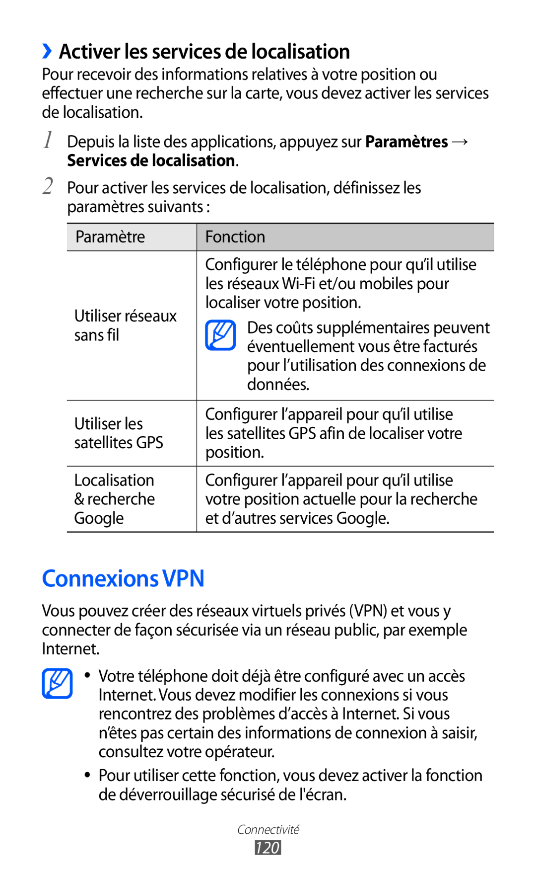 Samsung GT-I9100LKAXEF, GT-I9100LKAFRE, GT-I9100LKABOG manual Connexions VPN, ››Activer les services de localisation, 120 