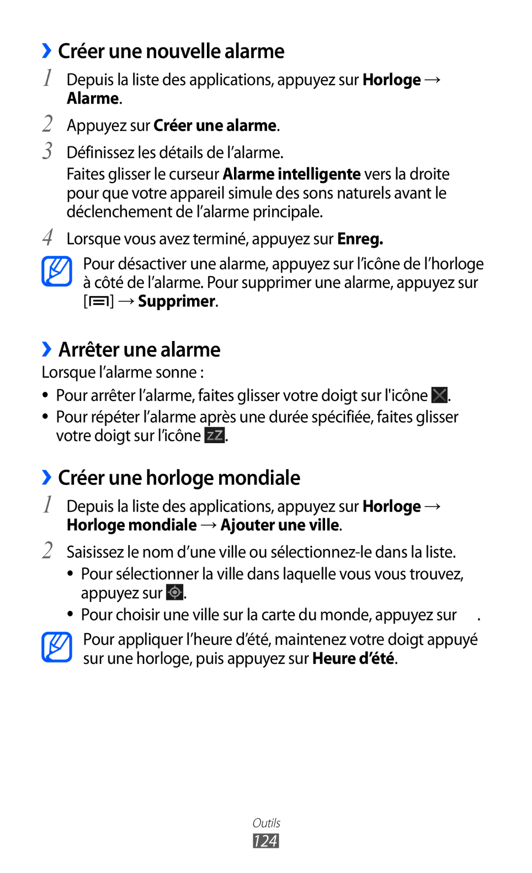 Samsung GT-I9100LKAVGF manual ››Créer une nouvelle alarme, ››Arrêter une alarme, ››Créer une horloge mondiale, 124 