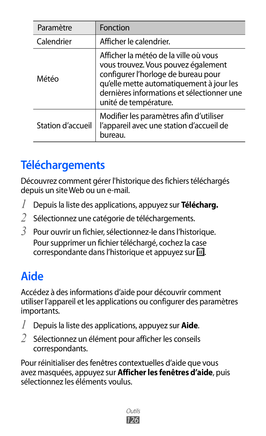 Samsung GT-I9100RWNLPM, GT-I9100LKAXEF, GT-I9100LKAFRE, GT-I9100LKABOG, GT-I9100LKALPM manual Téléchargements, Aide, 126 