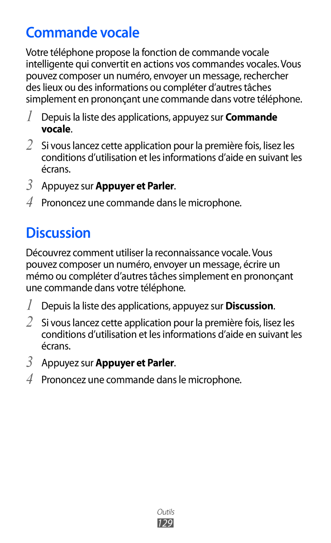 Samsung GT-I9100LKNXEF, GT-I9100LKAXEF, GT-I9100LKAFRE manual Commande vocale, Discussion, Appuyez sur Appuyer et Parler, 129 