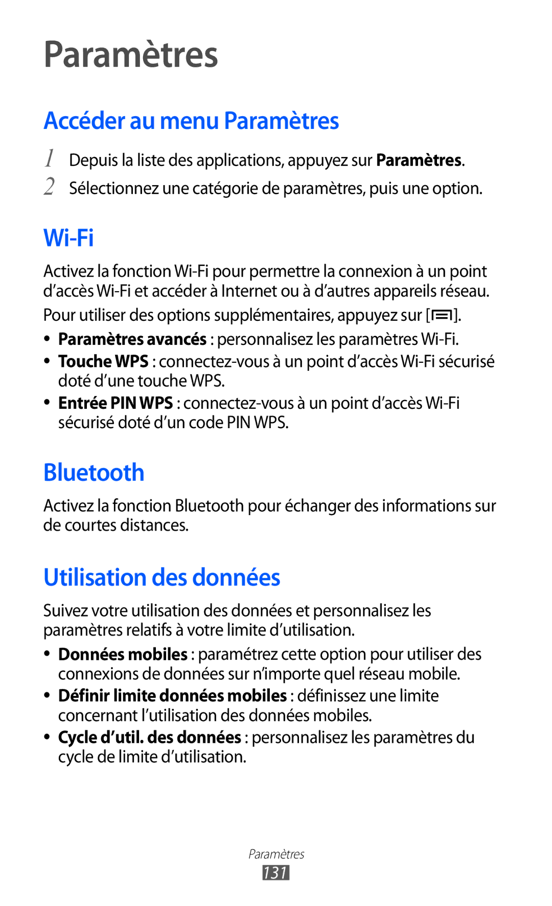 Samsung GT-I9100LKNBOG, GT-I9100LKAXEF, GT-I9100LKAFRE manual Accéder au menu Paramètres, Utilisation des données, 131 