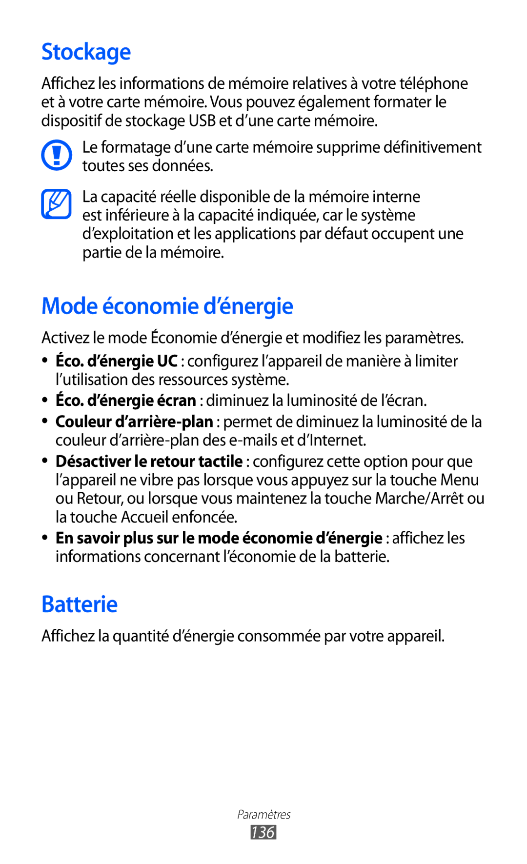 Samsung GT-I9100LKASFR, GT-I9100LKAXEF, GT-I9100LKAFRE, GT-I9100LKABOG manual Stockage, Mode économie d’énergie, Batterie, 136 