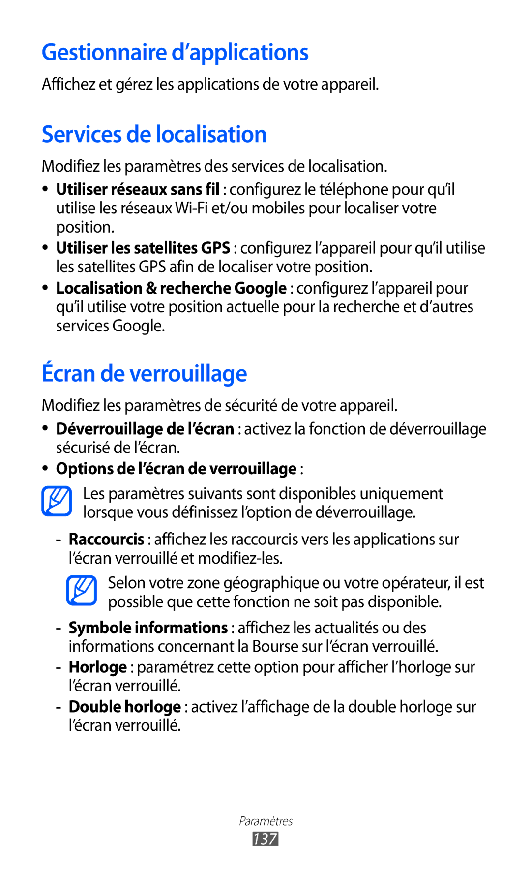 Samsung GT-I9100SWNNRJ, GT-I9100LKAXEF Gestionnaire d’applications, Services de localisation, Écran de verrouillage, 137 