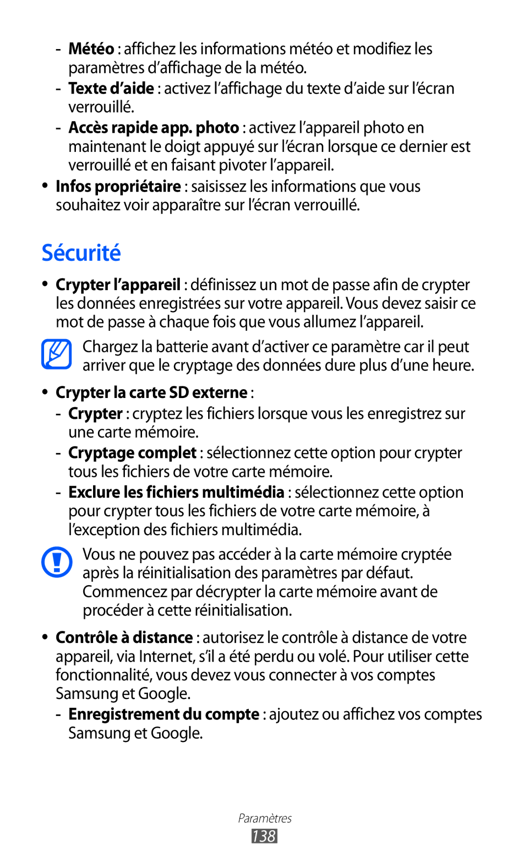 Samsung GT-I9100LKANRJ, GT-I9100LKAXEF, GT-I9100LKAFRE, GT-I9100LKABOG manual Sécurité, Crypter la carte SD externe, 138 