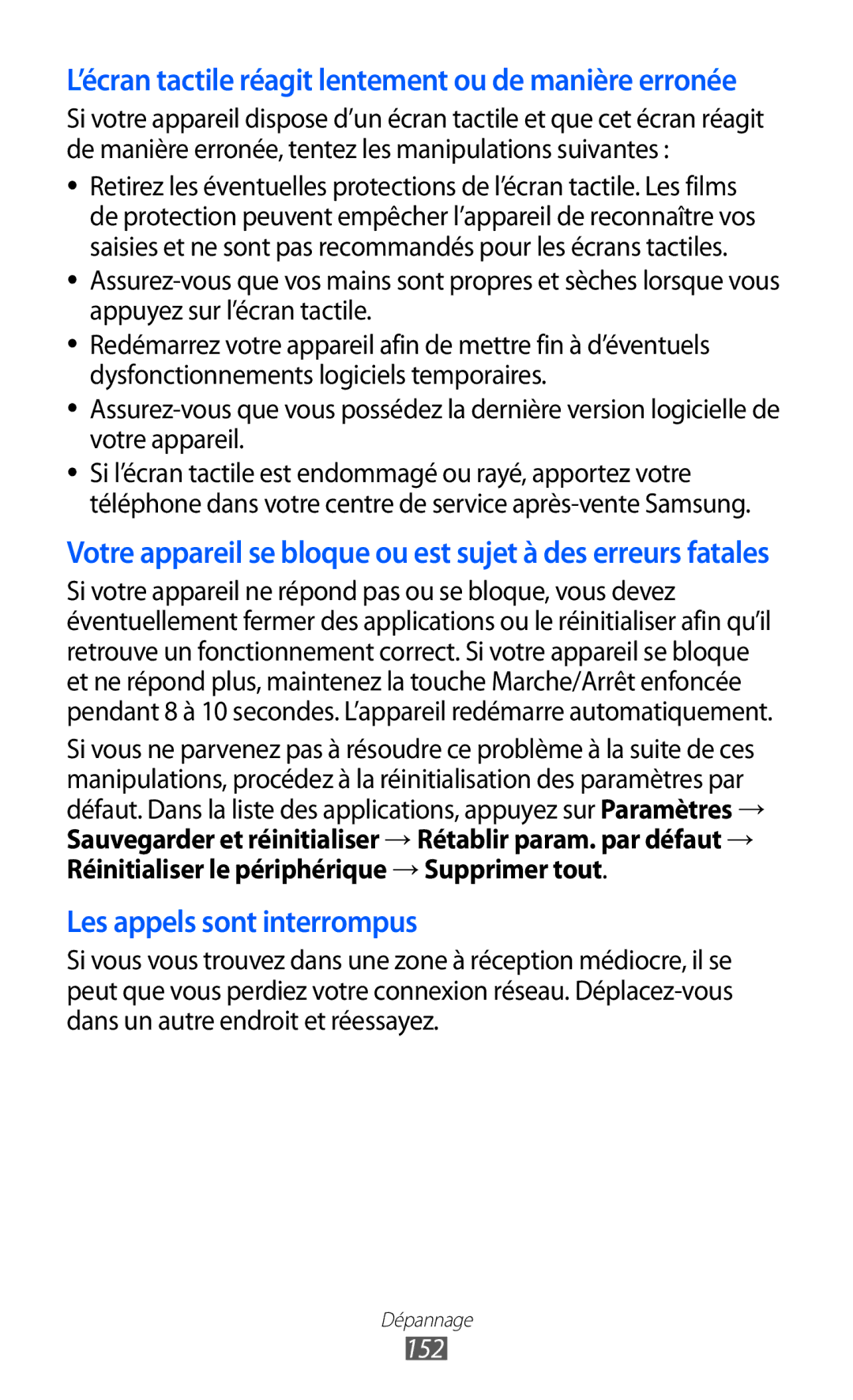 Samsung GT-I9100LKABOG, GT-I9100LKAXEF, GT-I9100LKAFRE manual ’écran tactile réagit lentement ou de manière erronée, 152 