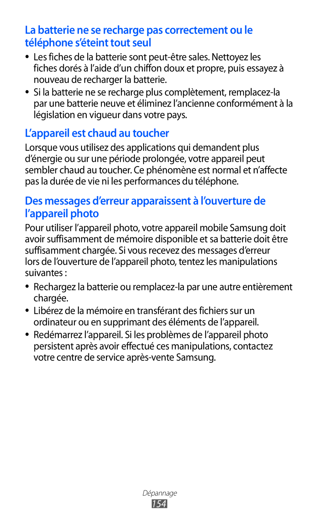 Samsung GT-I9100LKAVGF, GT-I9100LKAXEF, GT-I9100LKAFRE, GT-I9100LKABOG, GT-I9100LKALPM ’appareil est chaud au toucher, 154 