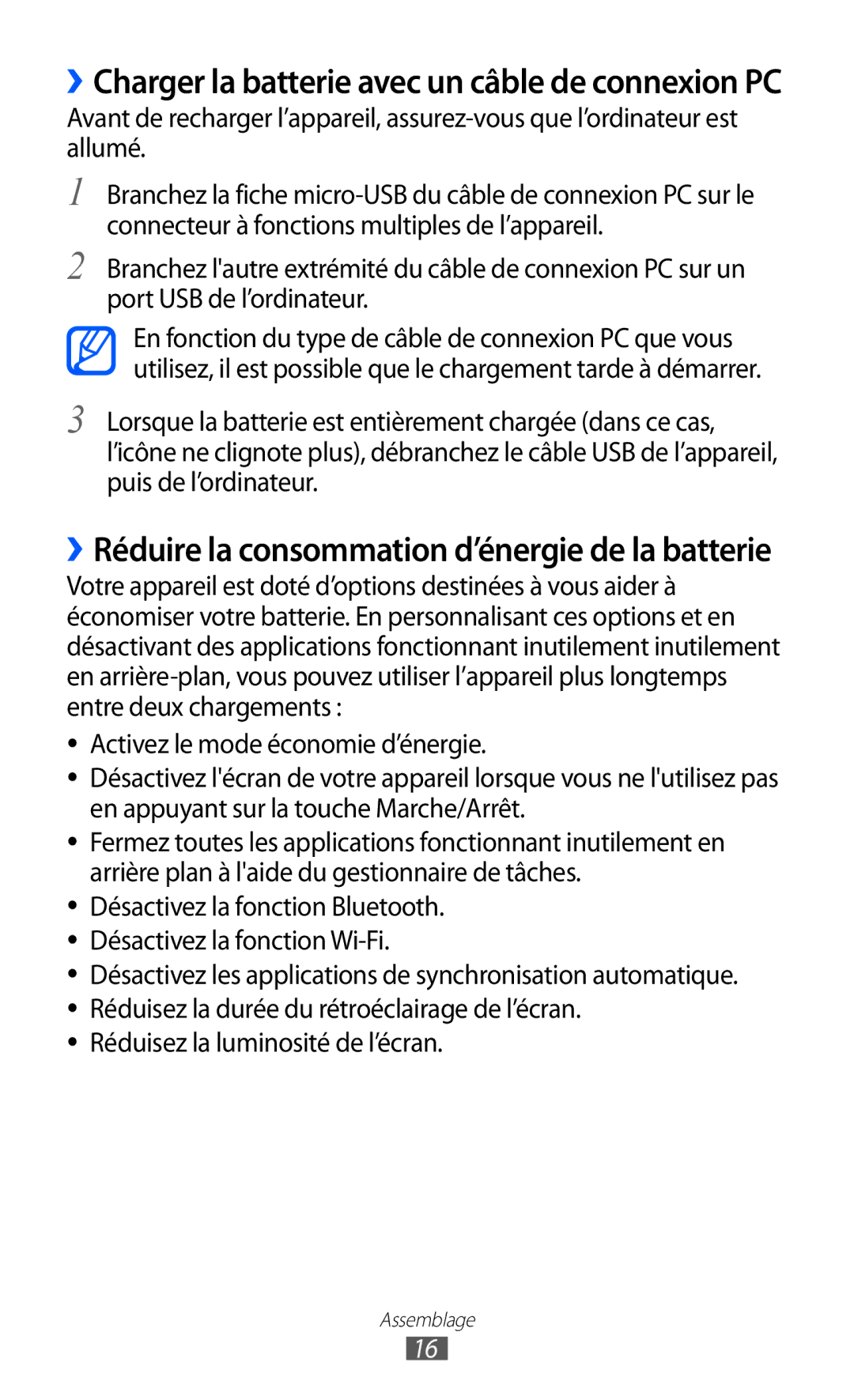 Samsung GT-I9100LKASFR manual ››Charger la batterie avec un câble de connexion PC, Réduisez la luminosité de l’écran 