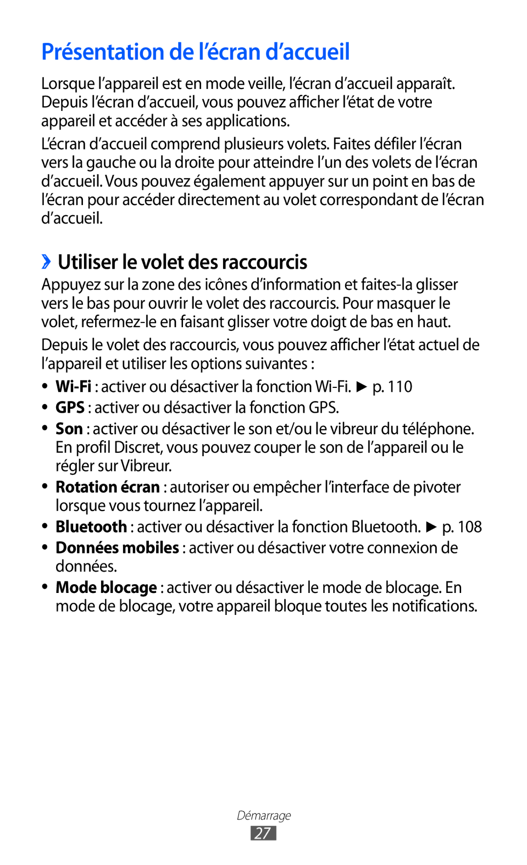 Samsung GT-I9100RWABOG, GT-I9100LKAXEF manual Présentation de l’écran d’accueil, ››Utiliser le volet des raccourcis 