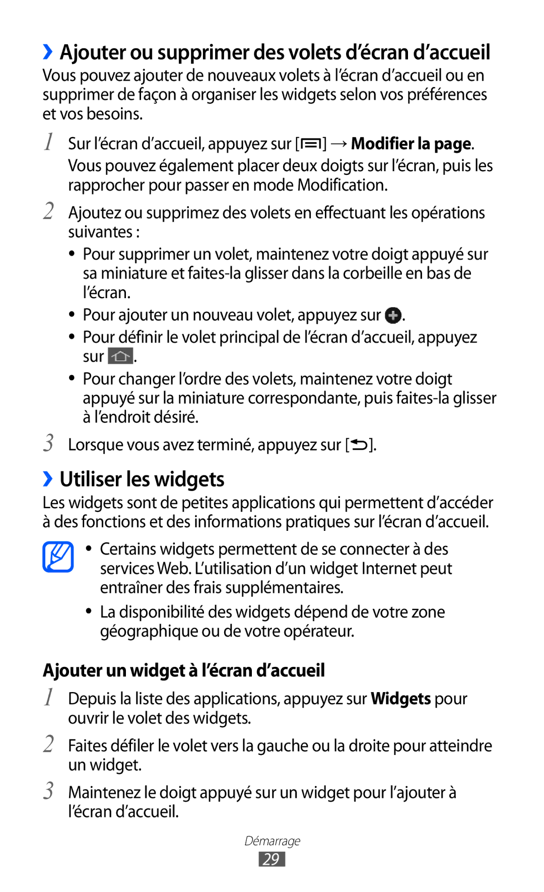 Samsung GT-I9100LKNNRJ, GT-I9100LKAXEF manual ››Utiliser les widgets, ››Ajouter ou supprimer des volets d’écran d’accueil 