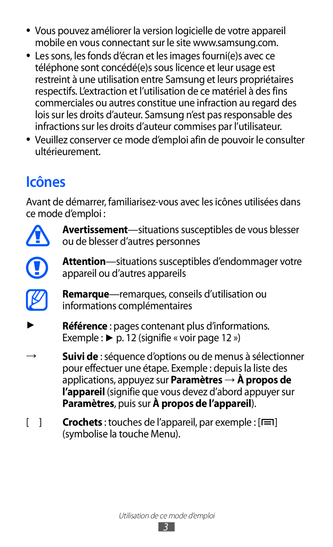 Samsung GT-I9100LKALPM, GT-I9100LKAXEF, GT-I9100LKAFRE, GT-I9100LKABOG, GT-I9100LKAVGF manual Icônes, Symbolise la touche Menu 