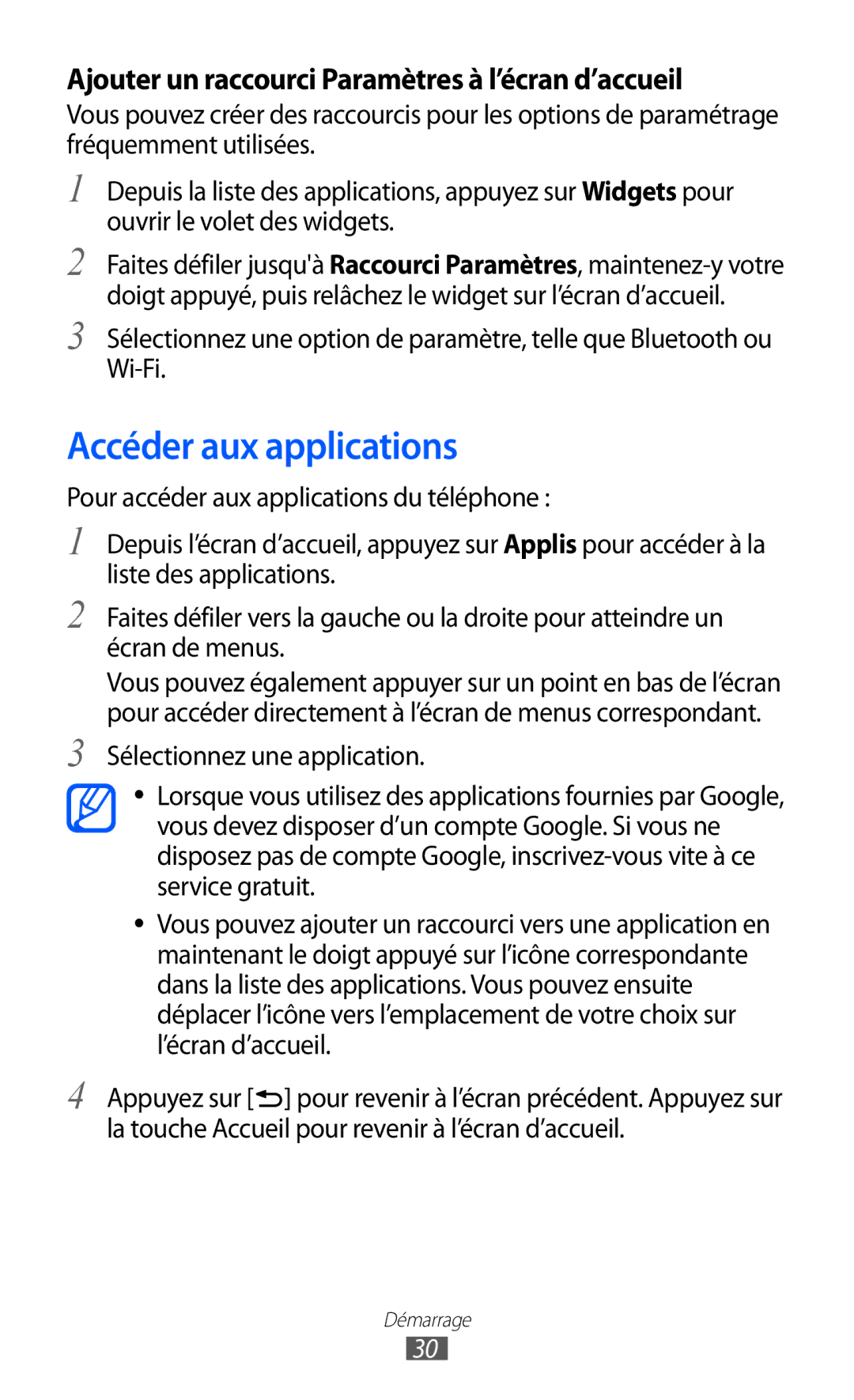 Samsung GT-I9100LKAXEF, GT-I9100LKAFRE manual Accéder aux applications, Ajouter un raccourci Paramètres à l’écran d’accueil 