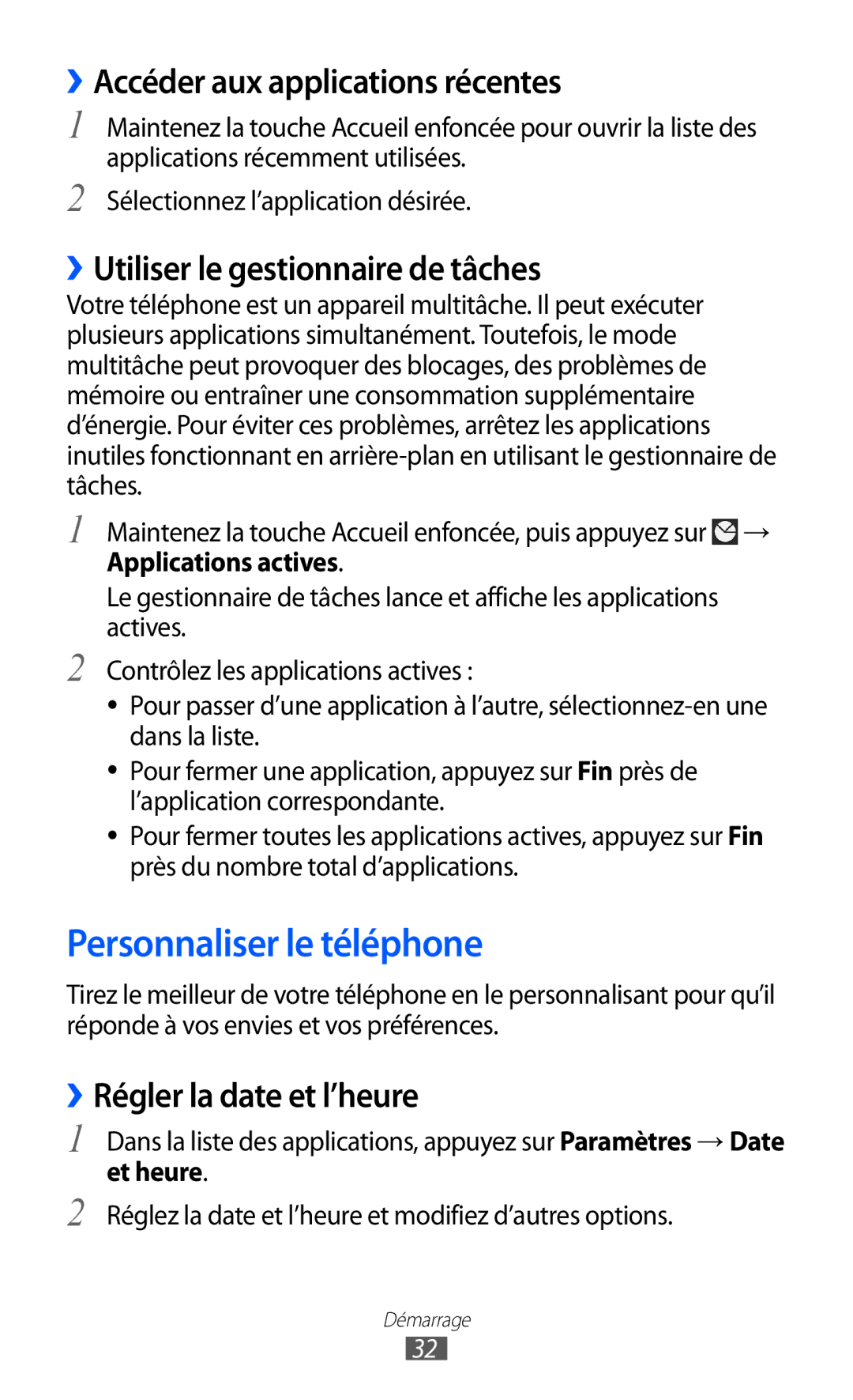 Samsung GT-I9100LKABOG manual Personnaliser le téléphone, ››Accéder aux applications récentes, ››Régler la date et l’heure 