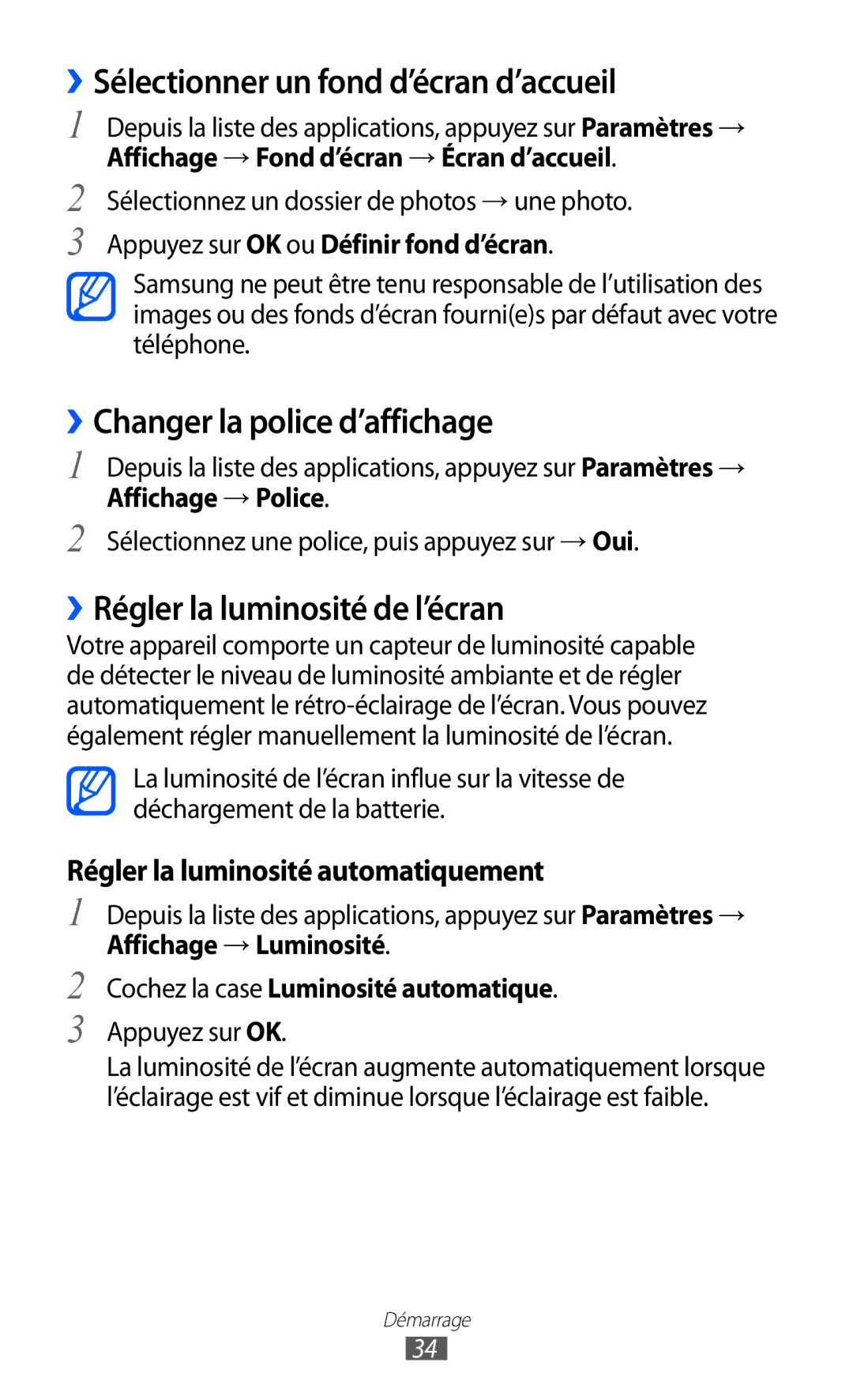 Samsung GT-I9100LKAVGF, GT-I9100LKAXEF manual ››Sélectionner un fond d’écran d’accueil, ››Changer la police d’affichage 