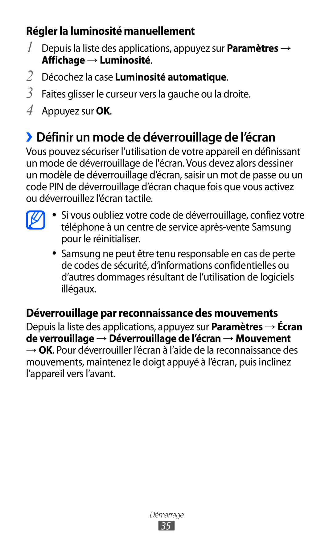 Samsung GT-I9100LKNFTM, GT-I9100LKAXEF ››Définir un mode de déverrouillage de l’écran, Régler la luminosité manuellement 