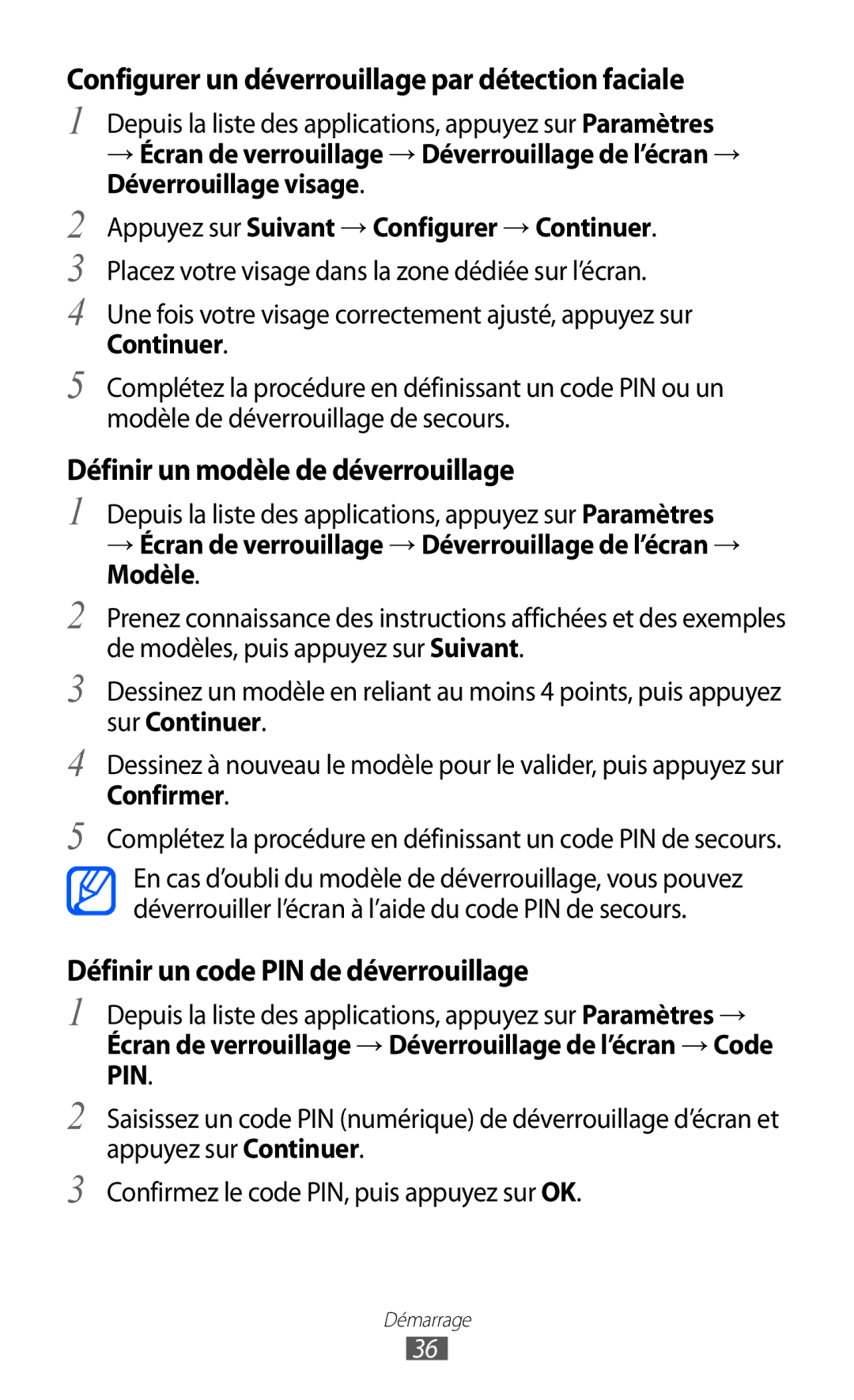 Samsung GT-I9100RWNLPM manual Configurer un déverrouillage par détection faciale, Définir un modèle de déverrouillage 