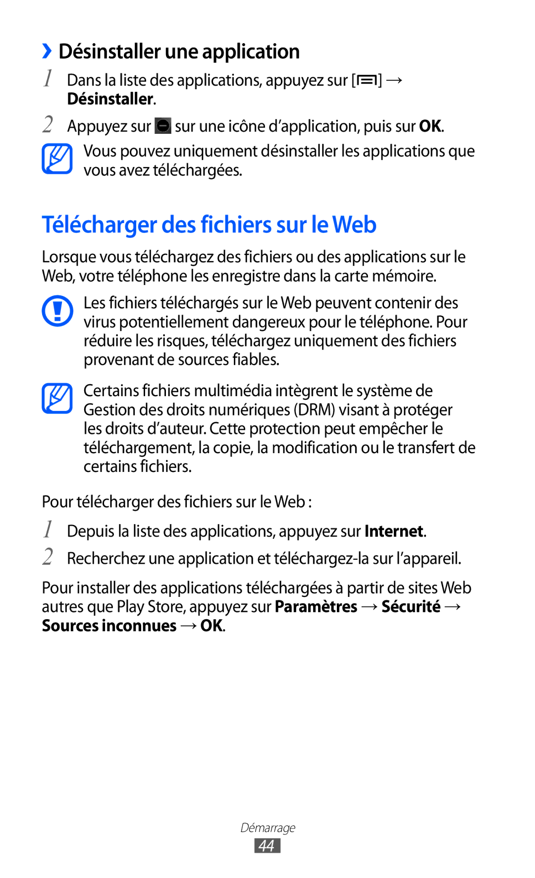 Samsung GT-I9100SWNSFR manual Télécharger des fichiers sur le Web, ››Désinstaller une application, Sources inconnues → OK 