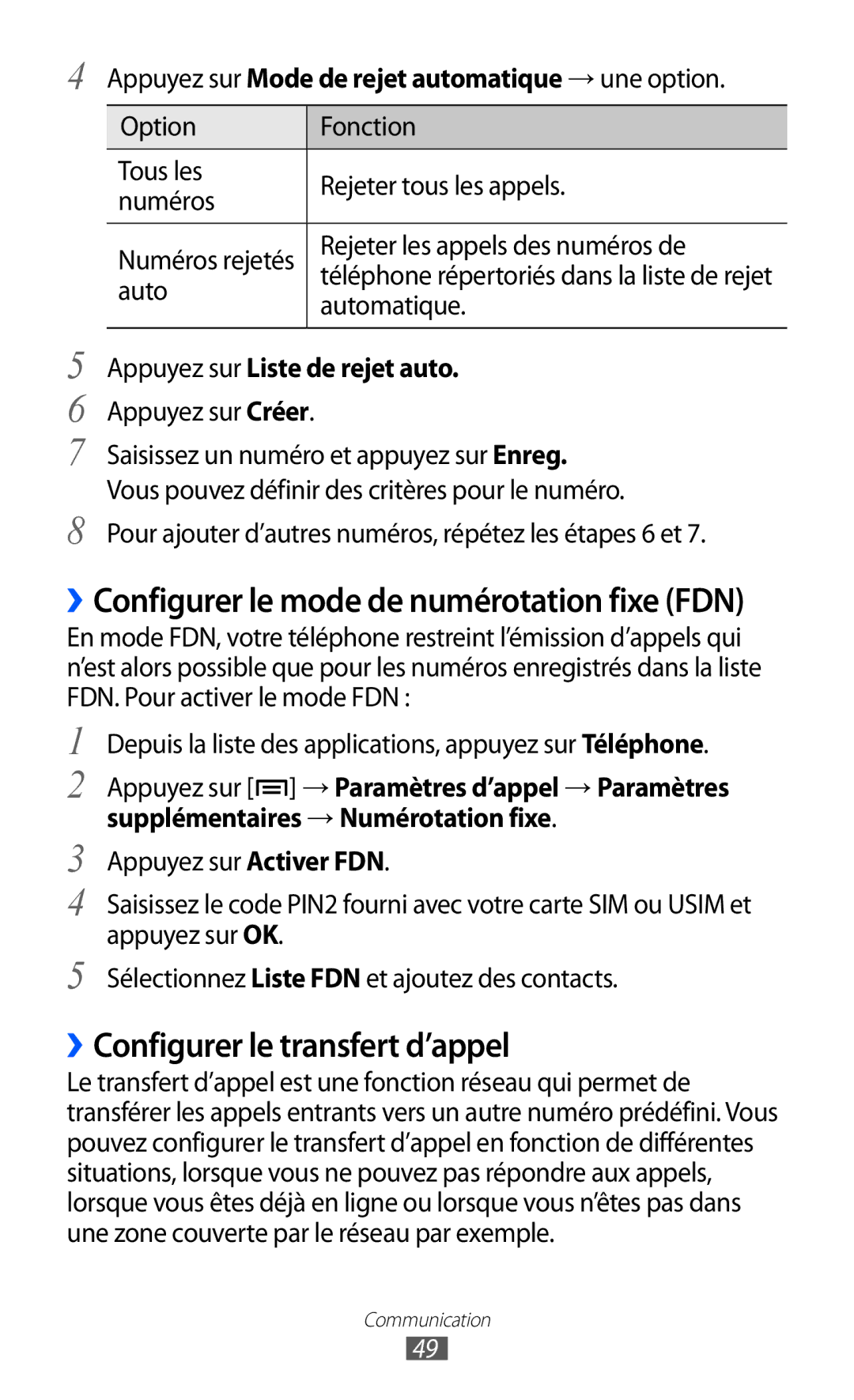 Samsung GT-I9100SWNFTM manual ››Configurer le transfert d’appel, Appuyez sur Mode de rejet automatique → une option 