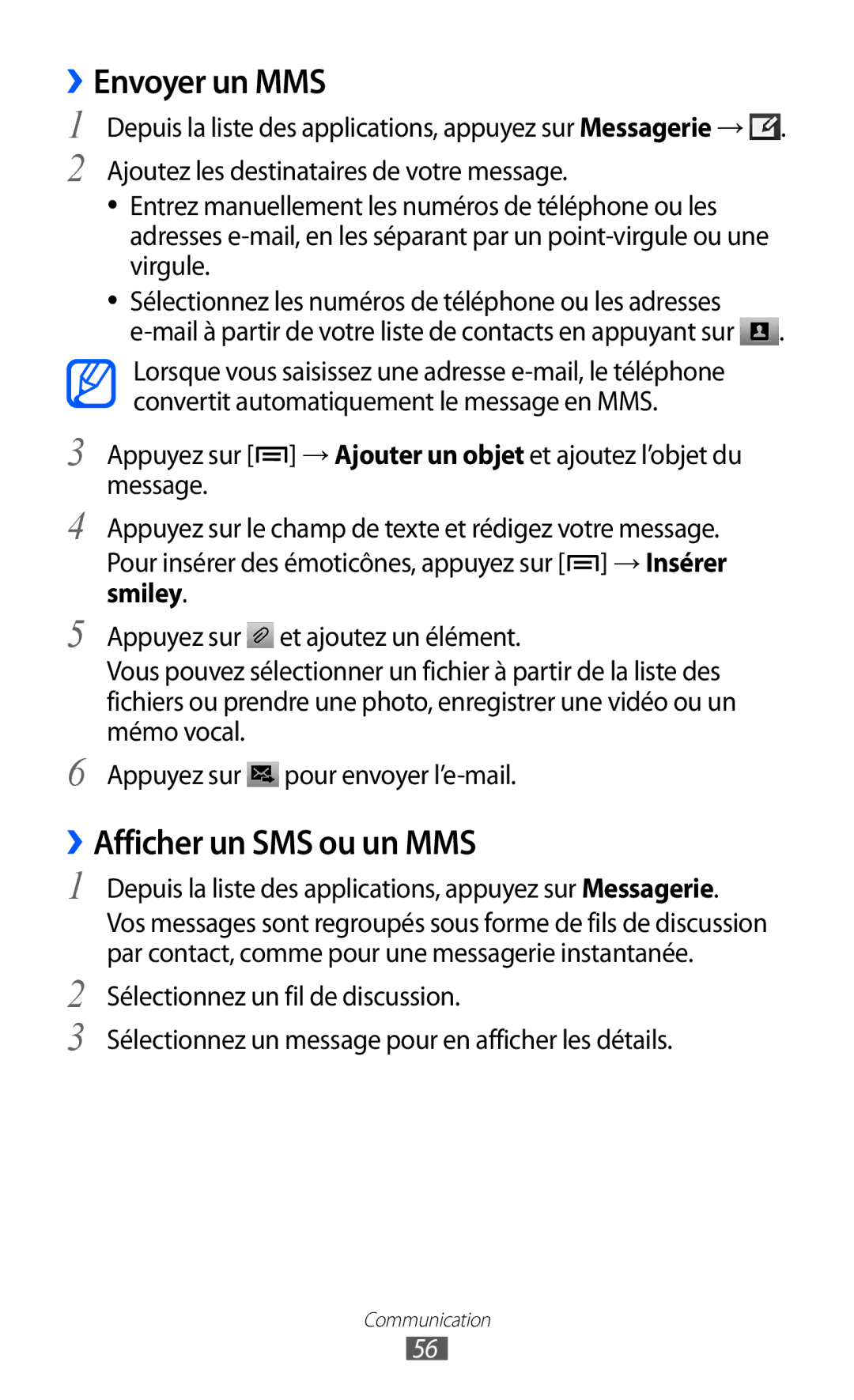 Samsung GT-I9100RWAFTM, GT-I9100LKAXEF, GT-I9100LKAFRE, GT-I9100LKABOG manual ››Envoyer un MMS, ››Afficher un SMS ou un MMS 