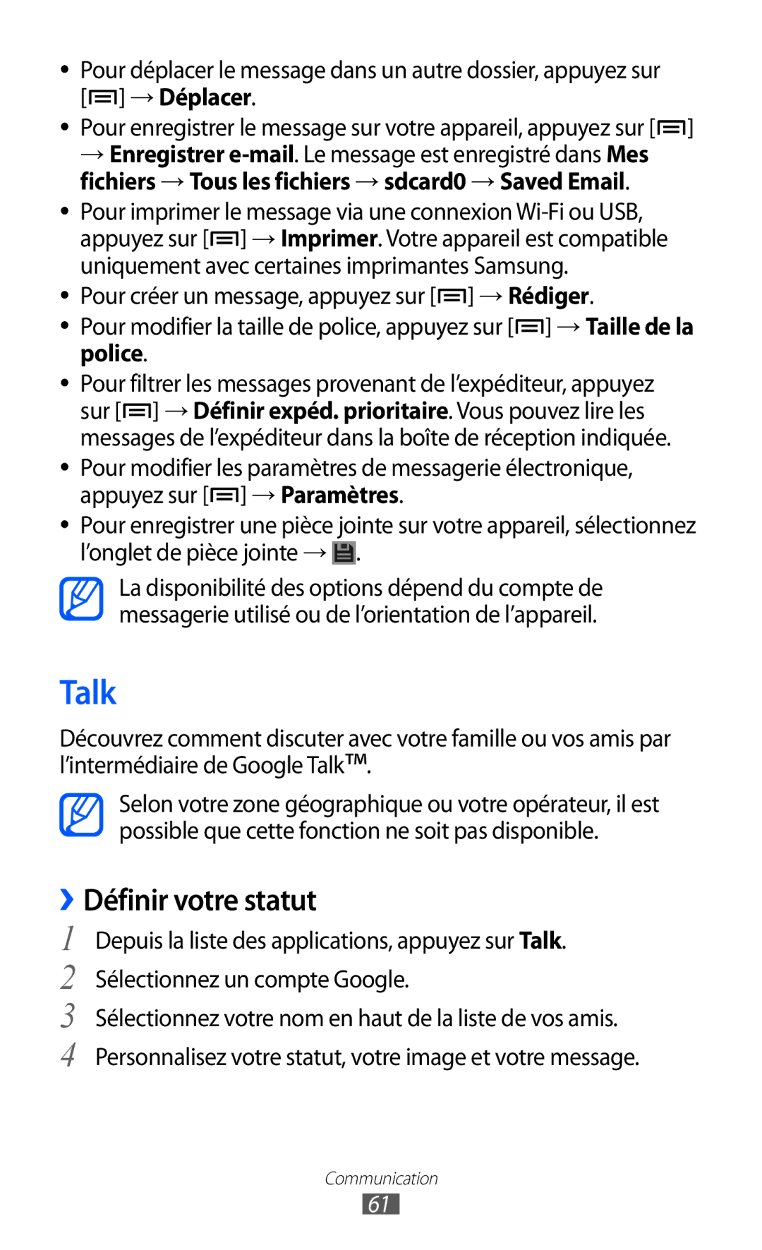 Samsung GT-I9100LKAFRE, GT-I9100LKAXEF, GT-I9100LKABOG, GT-I9100LKALPM, GT-I9100LKAVGF manual Talk, ››Définir votre statut 