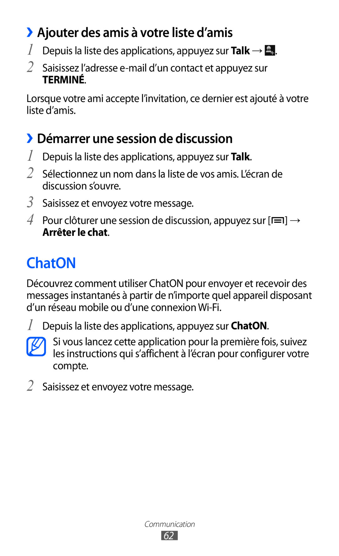 Samsung GT-I9100LKABOG manual ChatON, ››Ajouter des amis à votre liste d’amis, ››Démarrer une session de discussion 