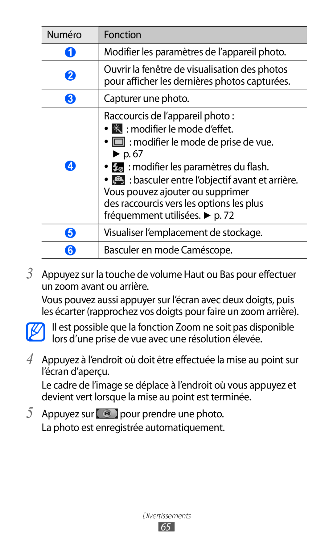 Samsung GT-I9100LKNFTM, GT-I9100LKAXEF Numéro Fonction Modifier les paramètres de l’appareil photo, Capturer une photo 