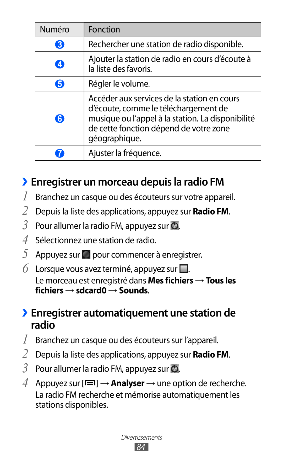 Samsung GT-I9100LKAFTM ››Enregistrer un morceau depuis la radio FM, ››Enregistrer automatiquement une station de radio 