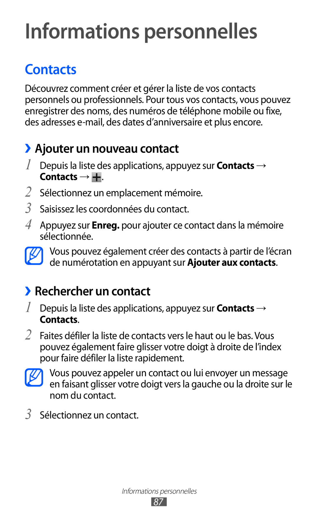 Samsung GT-I9100RWABOG, GT-I9100LKAXEF, GT-I9100LKAFRE manual Contacts, ››Ajouter un nouveau contact, ››Rechercher un contact 