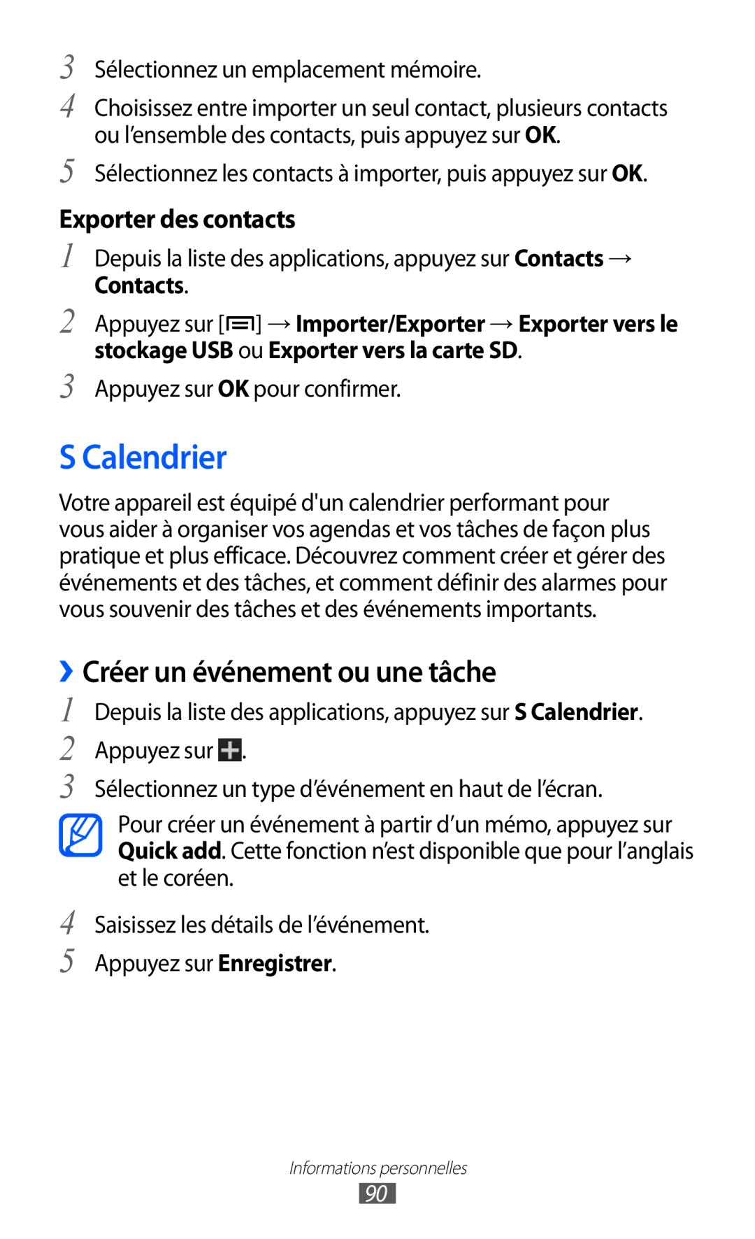 Samsung GT-I9100LKAXEF, GT-I9100LKAFRE, GT-I9100LKABOG Calendrier, ››Créer un événement ou une tâche, Exporter des contacts 