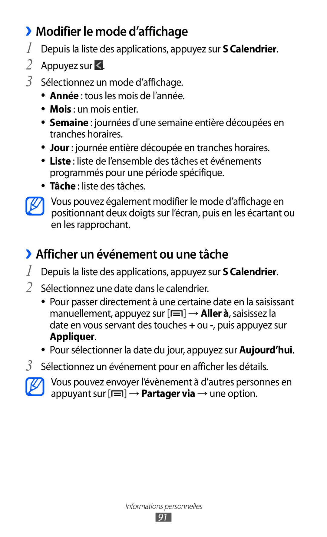 Samsung GT-I9100LKAFRE, GT-I9100LKAXEF, GT-I9100LKABOG ››Modifier le mode d’affichage, ››Afficher un événement ou une tâche 