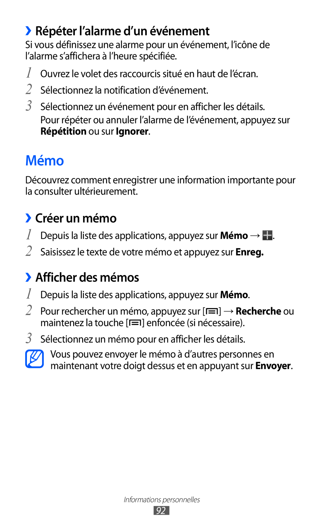 Samsung GT-I9100LKABOG, GT-I9100LKAXEF manual Mémo, ››Répéter l’alarme d’un événement, ››Créer un mémo, ››Afficher des mémos 