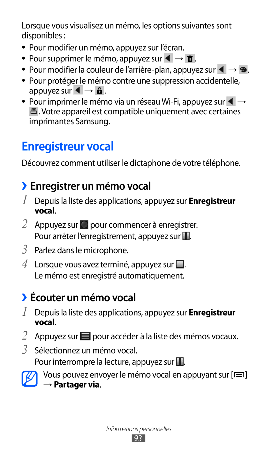 Samsung GT-I9100LKALPM Enregistreur vocal, ››Enregistrer un mémo vocal, ››Écouter un mémo vocal, Vocal, → Partager via 