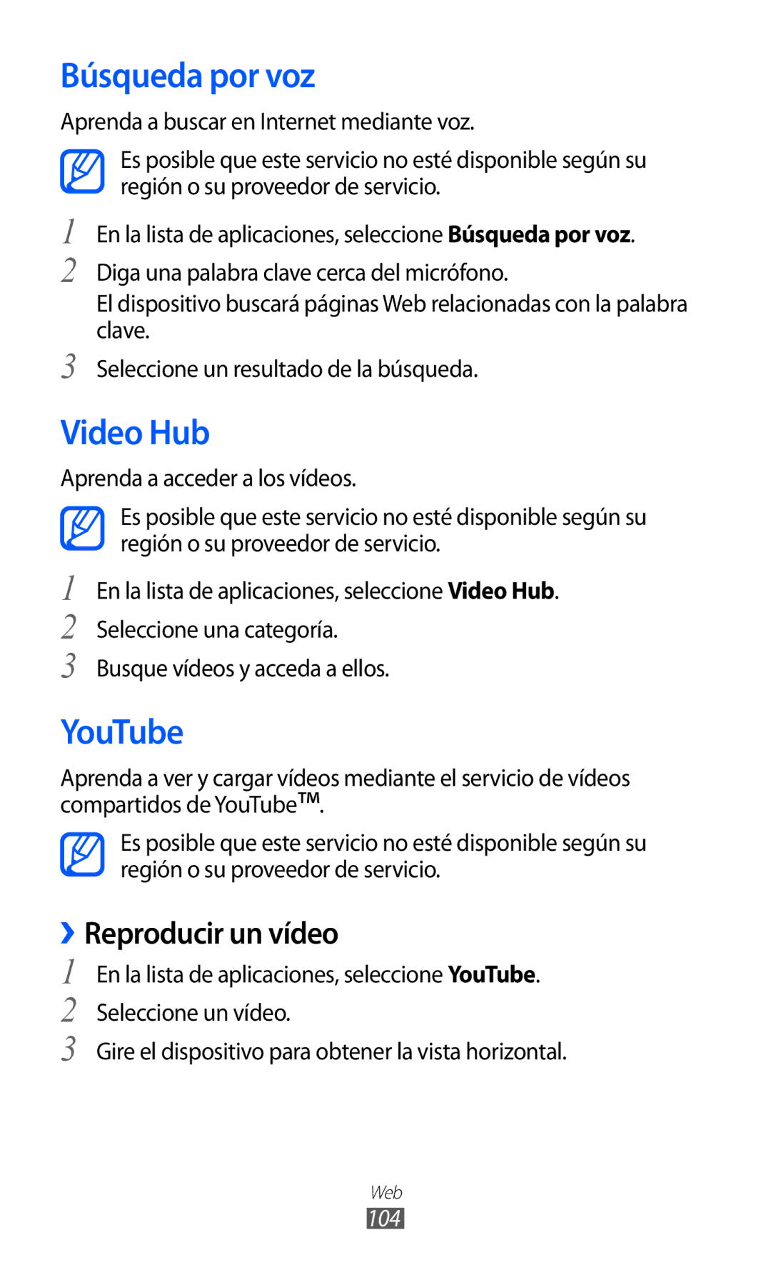 Samsung GT-I9100LKAFOP, GT-I9100LKAXEU, GT-I9100LKAXSP, GT-I9100LKATPH manual Búsqueda por voz, Video Hub, YouTube, 104 