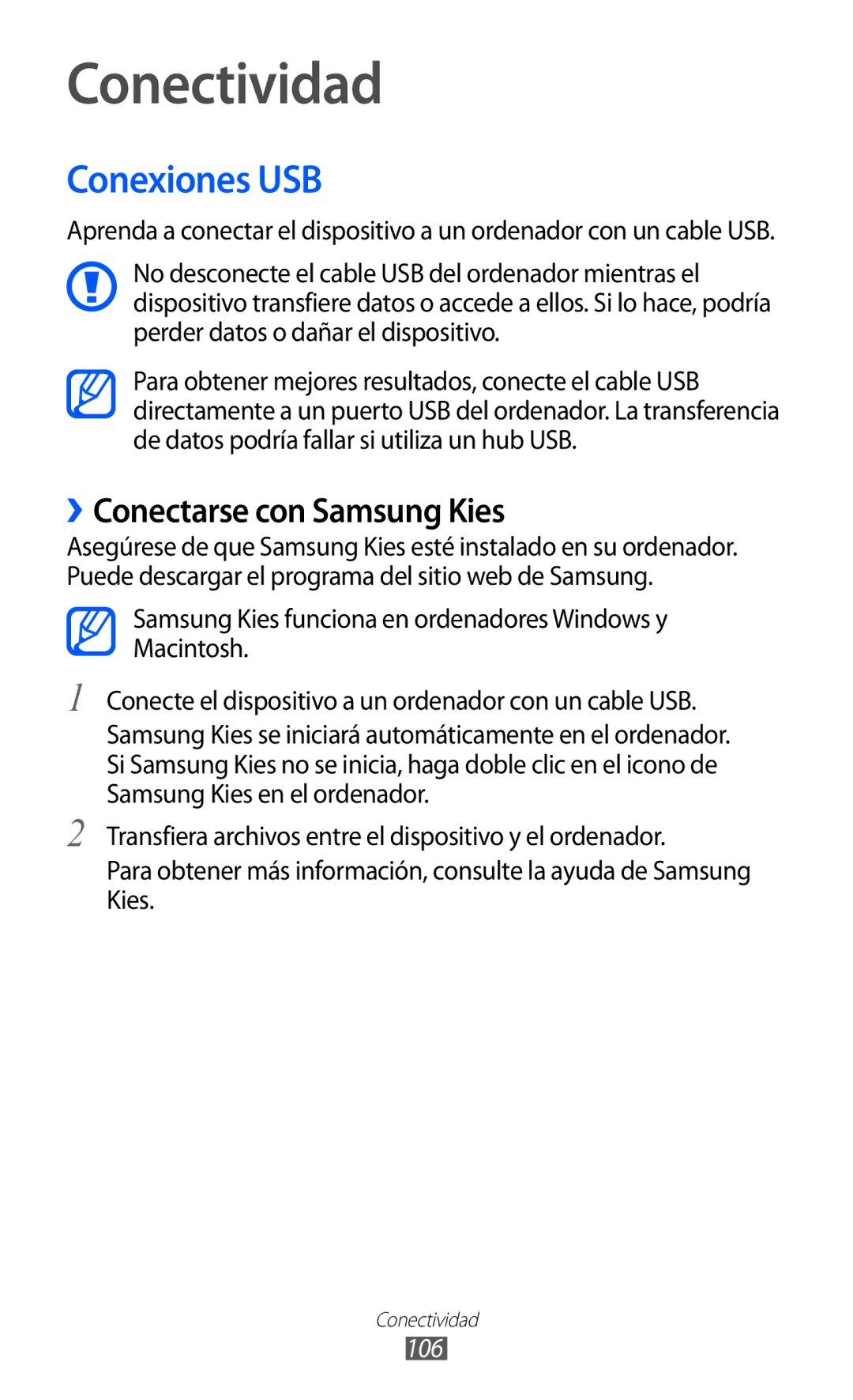 Samsung GT-I9100LKAXEC, GT-I9100LKAXEU, GT-I9100LKAXSP, GT-I9100LKATPH Conexiones USB, ››Conectarse con Samsung Kies, 106 