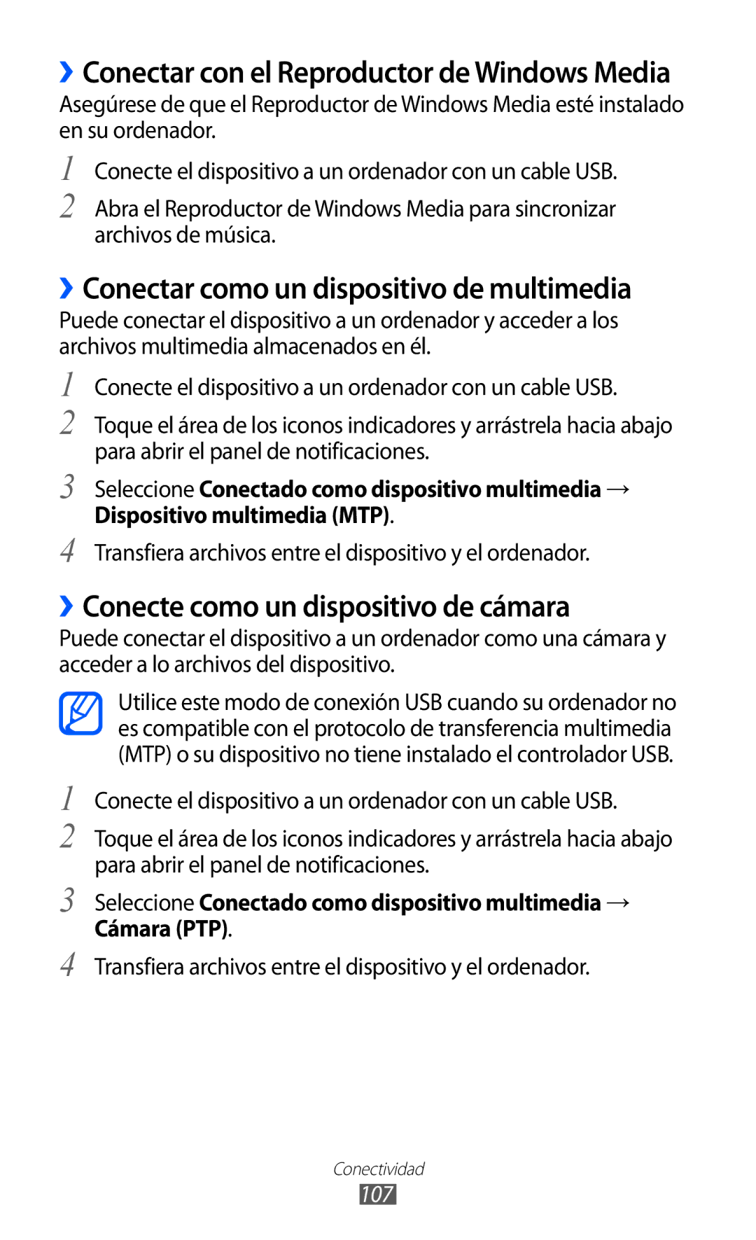 Samsung GT-I9100RWAAMN manual ››Conectar como un dispositivo de multimedia, ››Conecte como un dispositivo de cámara, 107 