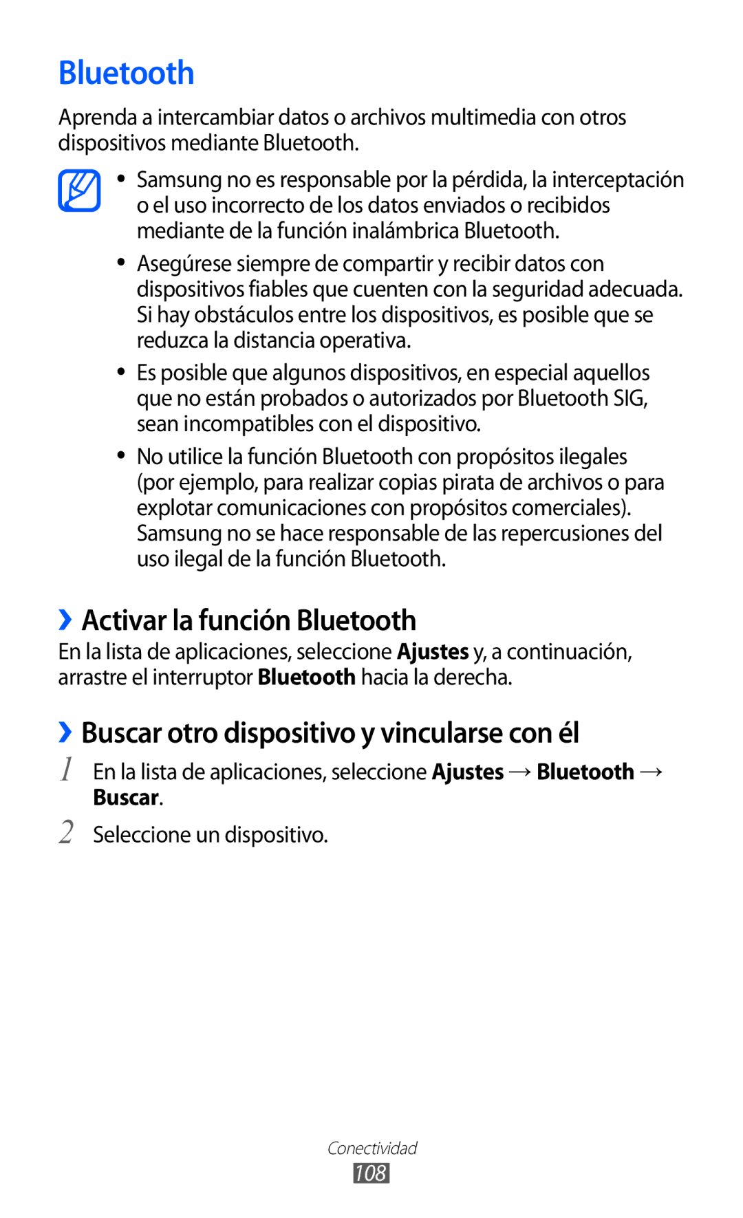 Samsung GT-I9100RWAORS manual ››Activar la función Bluetooth, ››Buscar otro dispositivo y vincularse con él, 108 