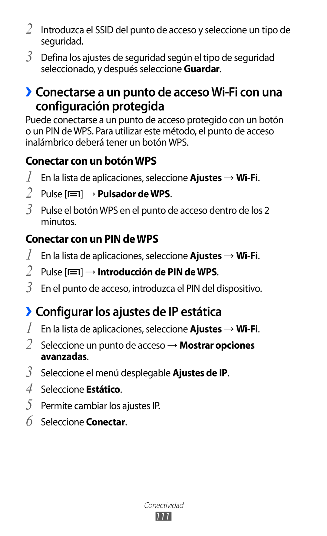 Samsung GT-I9100RWAFOP ››Configurar los ajustes de IP estática, Conectar con un botón WPS, Conectar con un PIN de WPS 