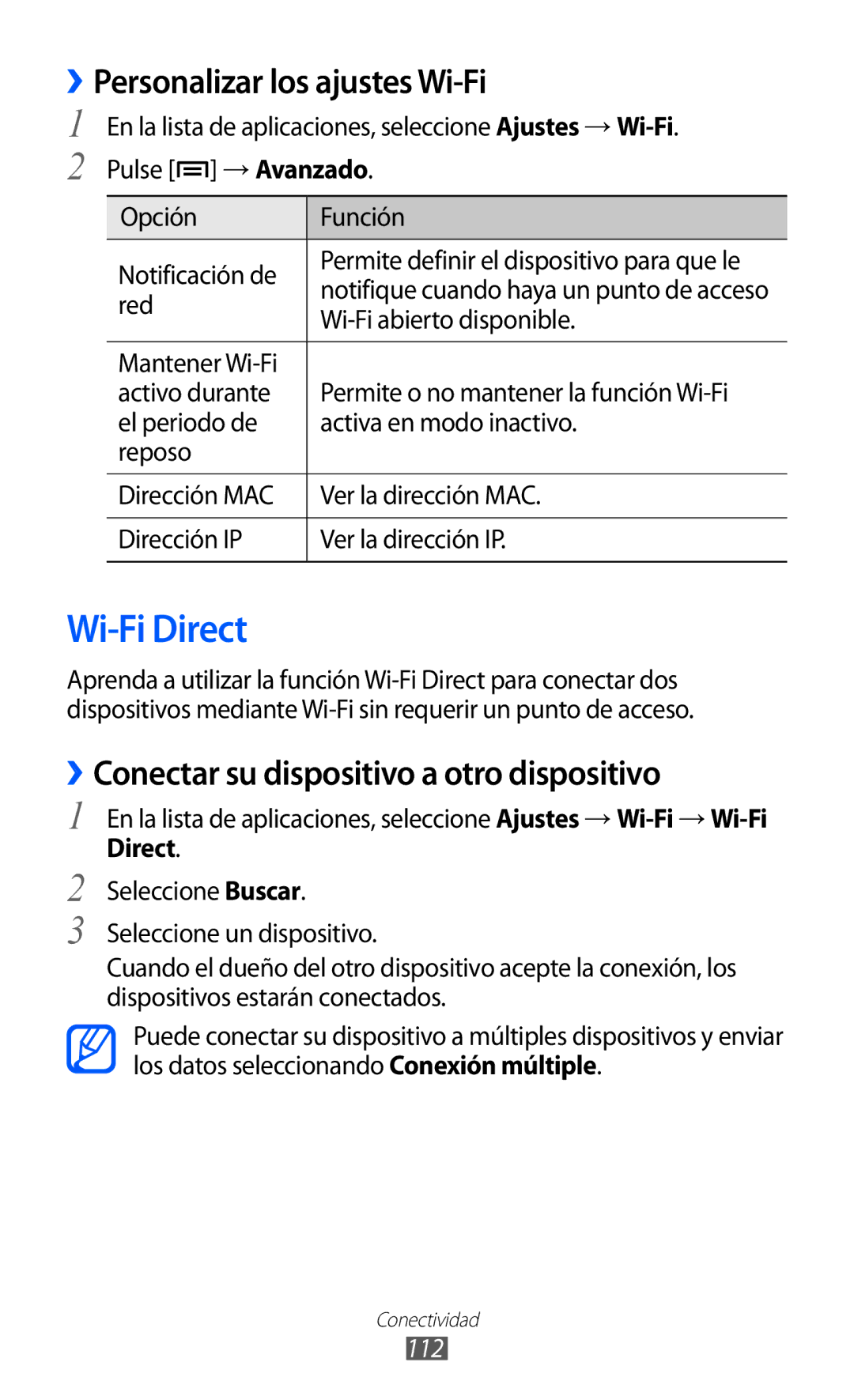 Samsung GT-I9100RWAATL Wi-Fi Direct, ››Personalizar los ajustes Wi-Fi, ››Conectar su dispositivo a otro dispositivo, 112 