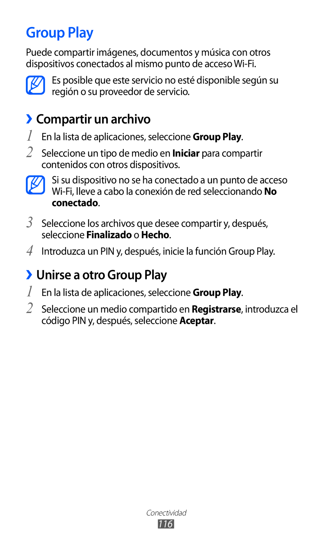 Samsung GT-I9100LKAXEU manual ››Unirse a otro Group Play, En la lista de aplicaciones, seleccione Group Play, 116 