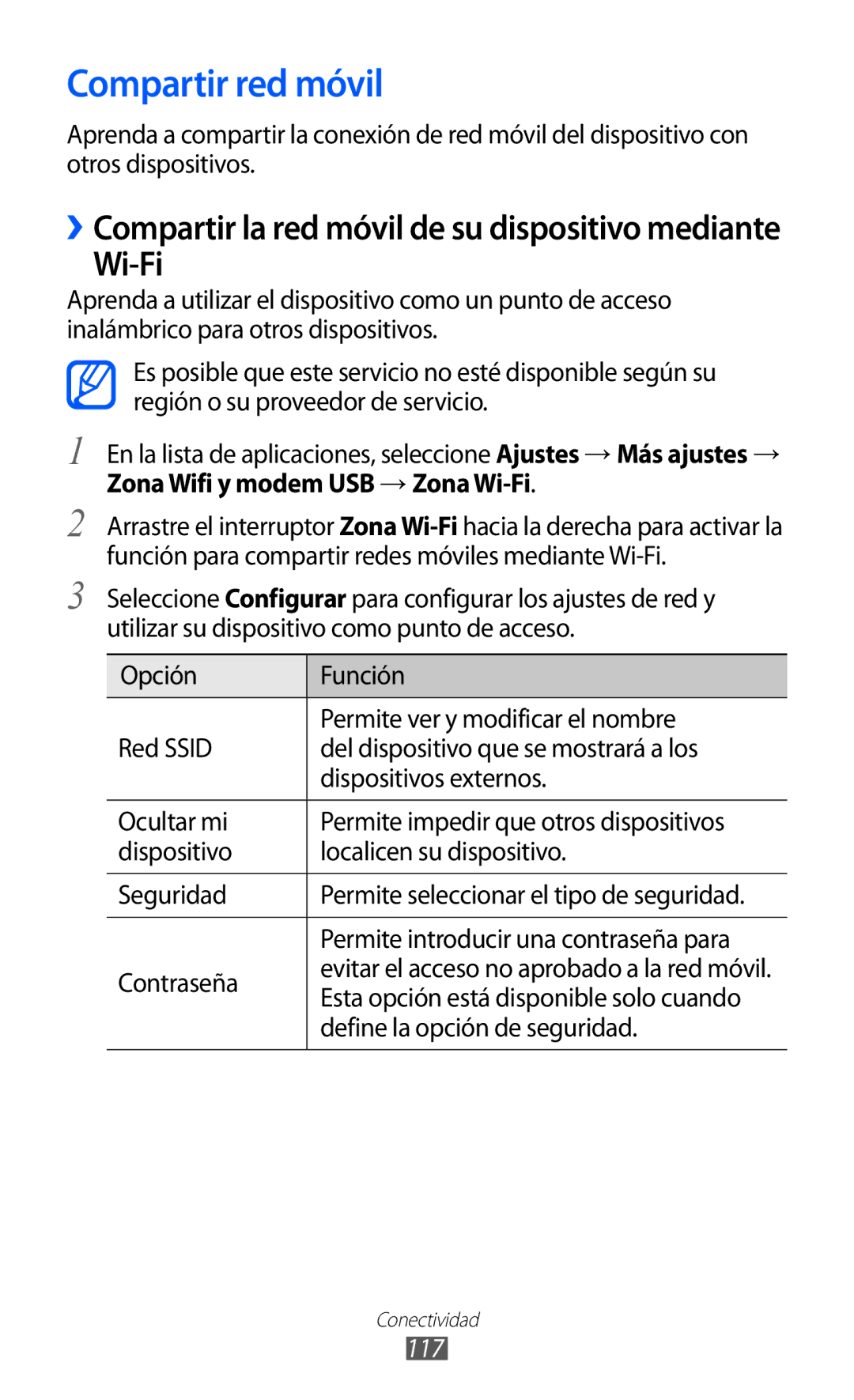 Samsung GT-I9100LKAXSP manual Compartir red móvil, Wi-Fi, ››Compartir la red móvil de su dispositivo mediante, 117 