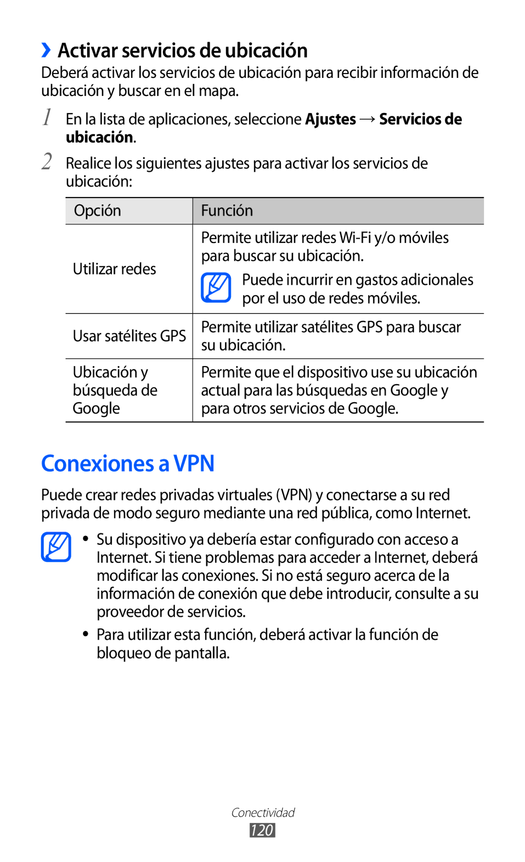 Samsung GT-I9100LKADBT, GT-I9100LKAXEU, GT-I9100LKAXSP manual Conexiones a VPN, ››Activar servicios de ubicación, 120 