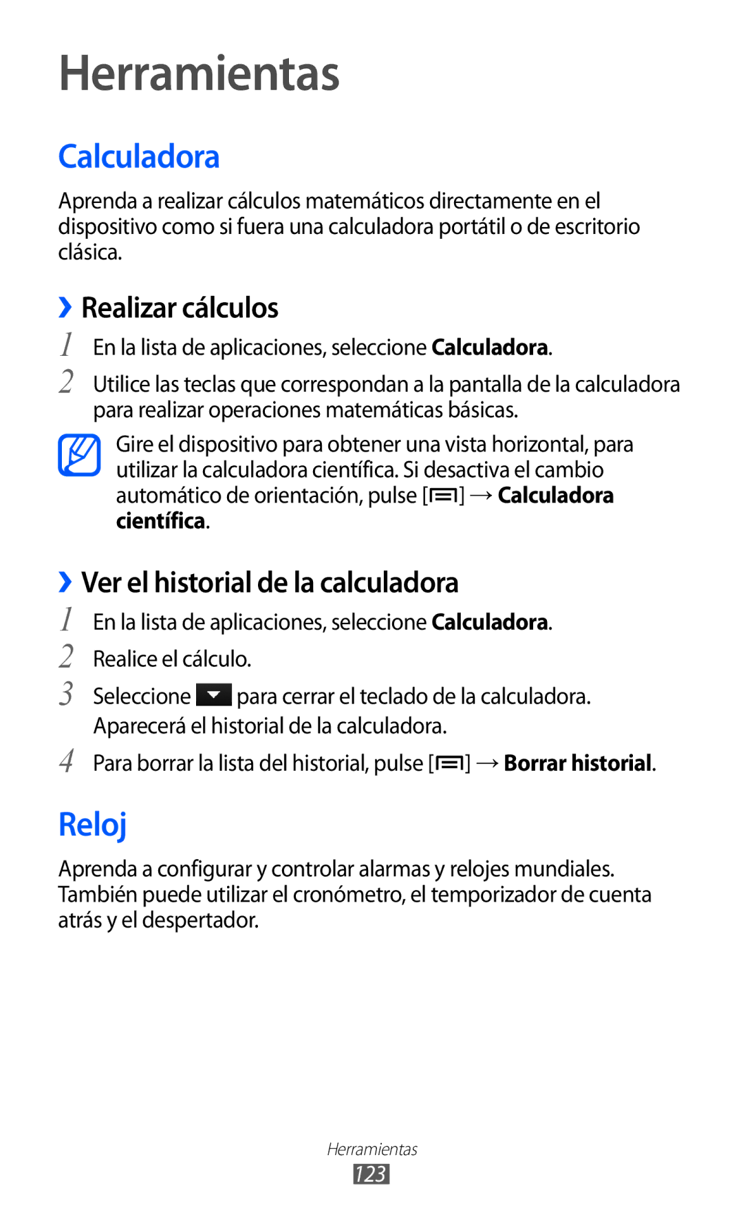 Samsung GT-I9100SWNAMN manual Calculadora, Reloj, ››Realizar cálculos, ››Ver el historial de la calculadora, Científica 